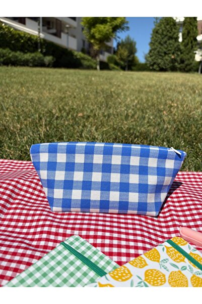 MEKİK BUTİK MAVİ Pötikareli Çevre Dostu Yıkanabilir Fermuarlı BEZ KALEMLİK / Makyaj çantası