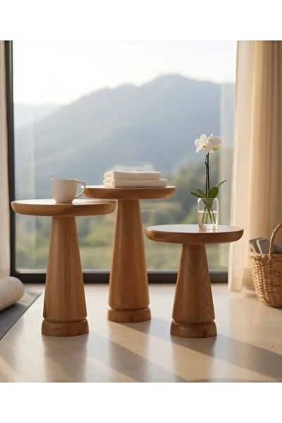 ASELYA HOME Doğal Ahşap 3’lü Set Mantar Yan Sehpa Modern Fiskos Zigon Çiçeklik