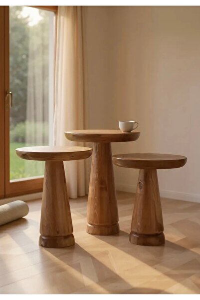 ASELYA HOME Doğal Ahşap 3’lü Set Mantar Yan Sehpa Modern Fiskos Zigon Çiçeklik