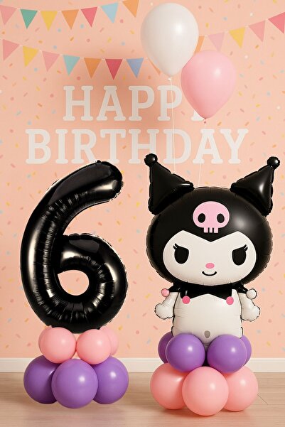 PARTİAVM Kuromi 6 Yaş Doğum Günü Balon Seti Figürlü Siyah Rakam Pembe Mor Pas...