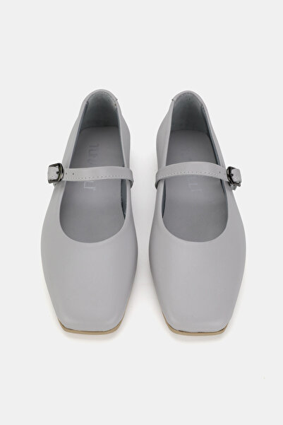 TUNAELLİ Women's Gray Khaki Natural Leather Buckle Strap Flat Shoes, Size 36-41