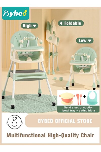 BYBEO كرسي طعام مرتفع للأطفال، كراسي طعام عالية قابلة للطي للأطفال مزودة بأرب...