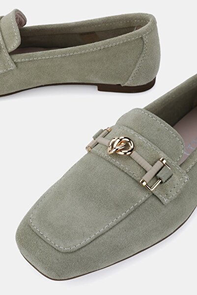 TUNAELLİ Women's Green Suede Khaki Natural Leather Buckle Flat Shoes, Size 36-41