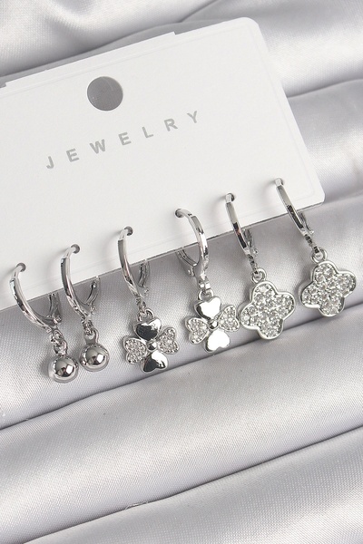 ALFA AKSESUAR 03 Brass Silver Color Dangle Zircon Stone Clover Model Topcuk Detail Women's Earring Set - Tj-Bkp10283