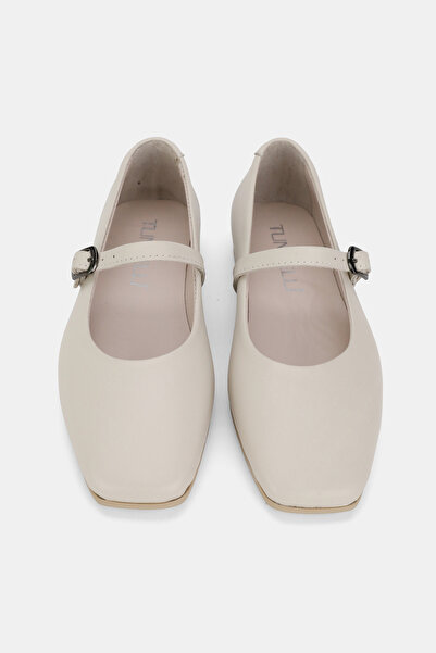TUNAELLİ Women's Beige Khaki Natural Leather Buckled Strap Flat Shoes, Size 36-41