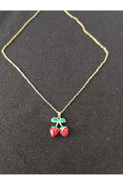 Gold Tasarım Double Strawberry Detail Steel Necklace