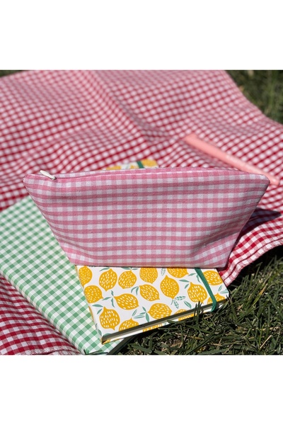 MEKİK BUTİK Suport pentru creion / geantă de machiaj din pânză, lavabilă, ecologică, cu fermoar, roz mic, în carouri