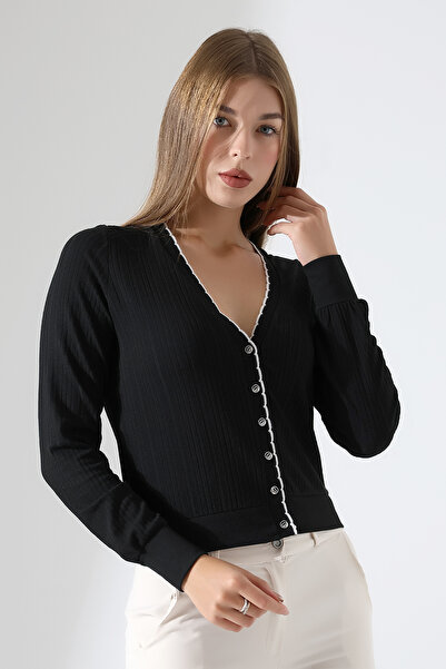 Şiir Bago Regular Knit Cardigan s límečkem a detaily na rukávech, dlouhý rukáv, elegantní zapínání na knoflíky, krátký dámský kardigan -