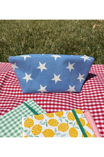 MEKİK BUTİK YILDIZ DESENLİ MAVİ Çevre Dostu Yıkanabilir Fermuarlı BEZ KALEMLİK / Makyaj çantası