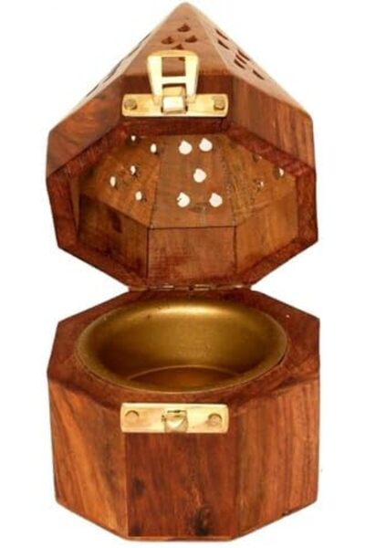 SAQOWARE Hexagonal Wooden Bakhoor Burner, Large, Brown