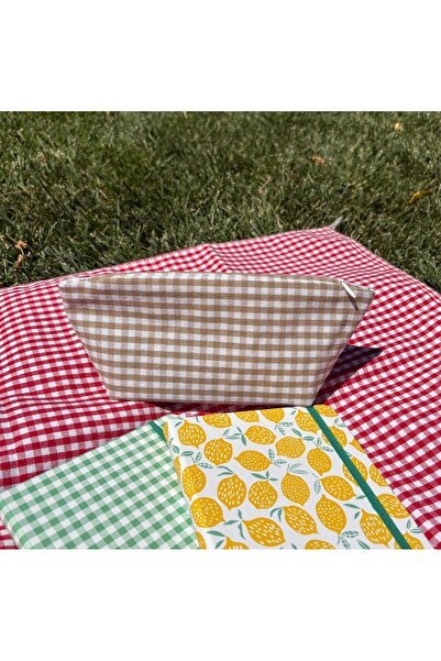 MEKİK BUTİK Suport pentru creion / geantă de machiaj din pânză, cu fermoar, lavabil, ecologic, în carouri, BEJ