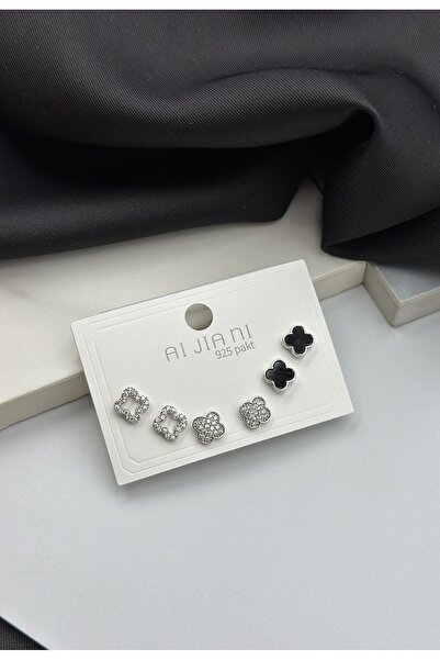 Duera Gümüş 4 Yapraklı Yonca 3lü Küpe Seti