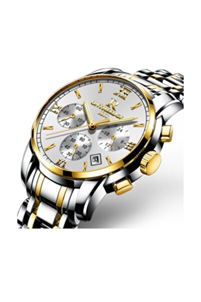 OEM Ceas rotund argintiu cu auriu, cadran argintiu, bratara metalica