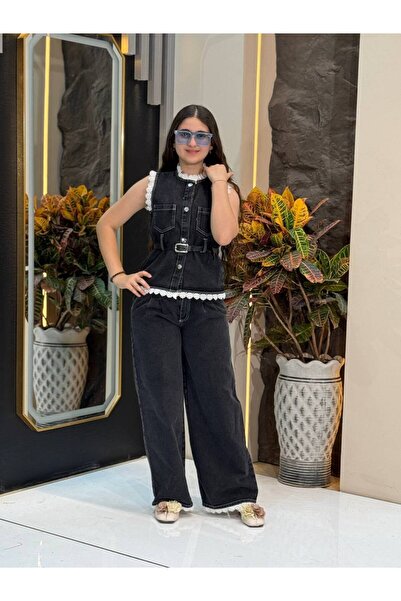 Bayona ık Siyah Kot İkili Takım – Dantel Detaylı Yelek & Pantolon