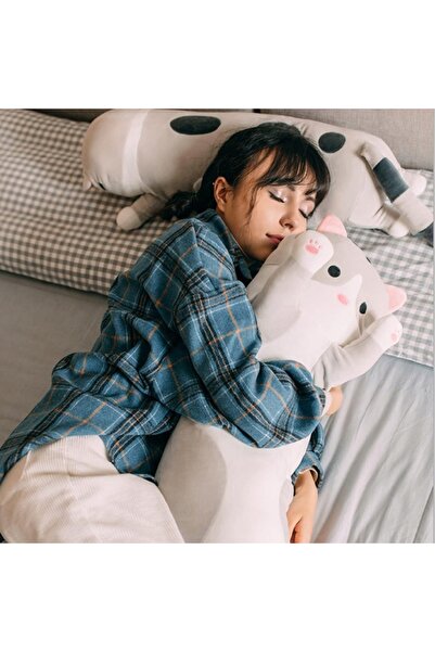 zola Plush cat pillow toy, hypoallergenic filling, soft polyester, 110x28 cm, white/gray