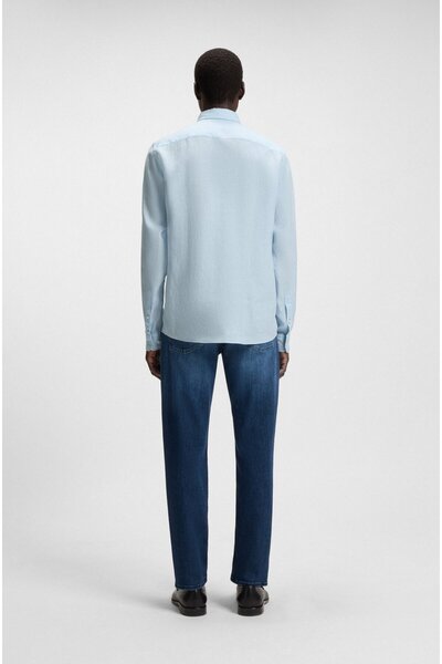 BOSS Erkek Uzun Kol İnce Ferah Düz Kumaş Düğme Kapama Gömlek Yaka Mavi Gömlek 50545218-450