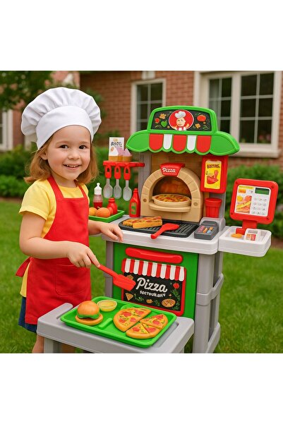 NUNU 52 Parça Pizza Yapma Standı Oyuncak Seti | Sesli & Işıklı – Kasalı ve Barkod Okuyuculu