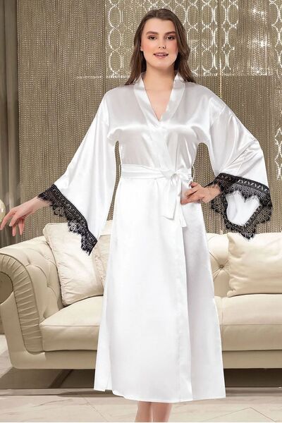 FAAL 5902 Women's Satin Long Sleeve Lace Detailed Long Dressing Gown-White
