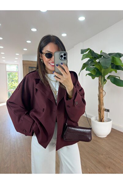 2she Düğmeli Kruvaze Kısa Trenç - Bordo