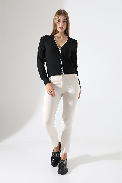 Şiir Bago Regular Knit Cardigan s límečkem a detaily na rukávech, dlouhý rukáv, elegantní zapínání na knoflíky, krátký dámský kardigan -