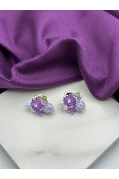 Duera Mor İnci Detaylı Çiçekli Tasarım Küpe