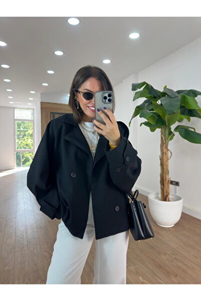 2she Düğmeli Kruvaze Kısa Trenç - Siyah