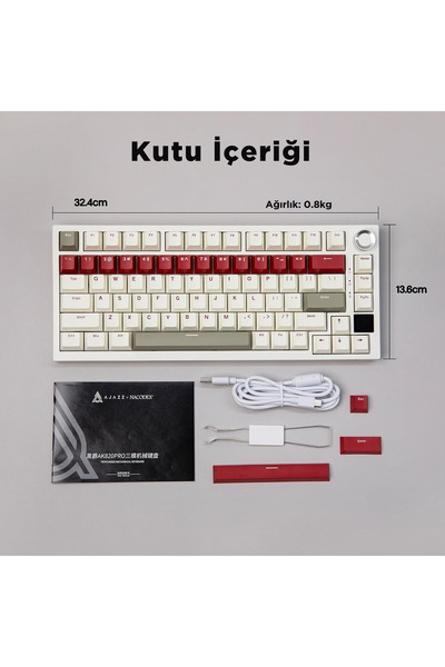 Coverzone Ajazz Ak820 Pro Mekanik Rgb Oyun Klavyesi,3 Modlu Tft Renkli Ekran Cnc Düğmeli 81 Tuş Krem Kırmızı