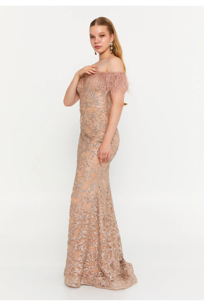 asl touch Omzu Açık Maksi Tül Denizkızı Abiye Elbise