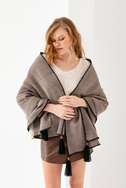 VEGA MODA شال كتف محبوك أنيق بتطريز مستقيم وشرائط، تصميم بونشو أنيق ومريح، شا...