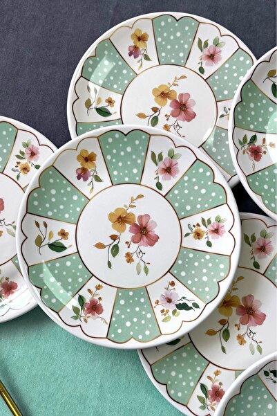 Erbaşlar Luxury Ceramic Palermo Green Cake Plate Set for 6 People, Gift Cake Presentation Plate 20cm