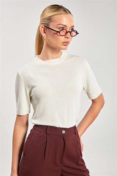 BARRELS AND OIL Kadın Kısa Kol Triko Bluz - Ekru