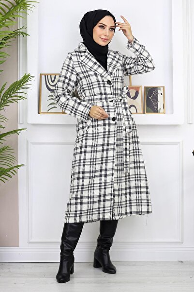 Missvalle Plaid Şanel Kaşe Coat White 19137