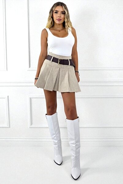 FashionForYou Fusta scurta pantalon ANTHEA, croi cu pense si curea, Crem