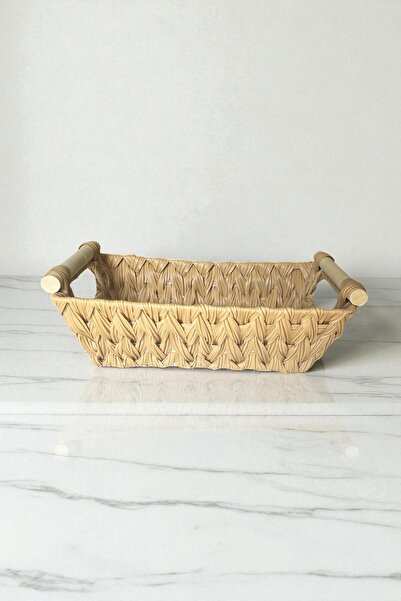 ALBETTO سلة خبز بلاستيكية من الخيزران بمقبض خشبي، سلة خبز مستطيلة الشكل، منظم