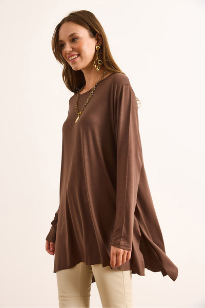 Olalook Γυναικεία μακριά πλεκτή μπλούζα από βισκόζη σε καφέ χρώμα με σκίσιμο σχέδιο BLZ-19003089