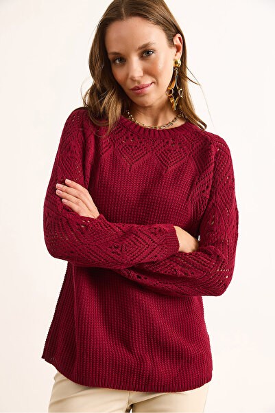 Olalook Women's Burgundy Openwork Detailed Knitwear Blouse Blz-19003090