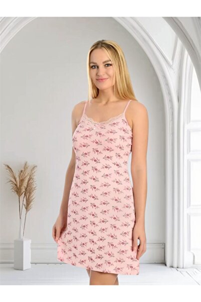 Gold Night Kadın Dantelli Pamuklu Likralı İp Askılı Elbise Gecelik