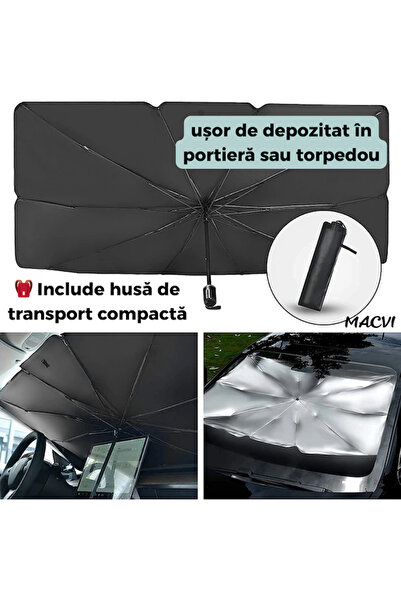 MACVI Macvi® Windshield Protection, Foldable Umbrella Type, Reflective, Anti-UV, with Carrying Case, 130 x 80