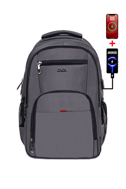 Dada Unisex Gri Okul Sırt Çantası Orta Boy USB Type-C Laptop Bölmeli Su Geçirmez Kumaş Lise Üniversite