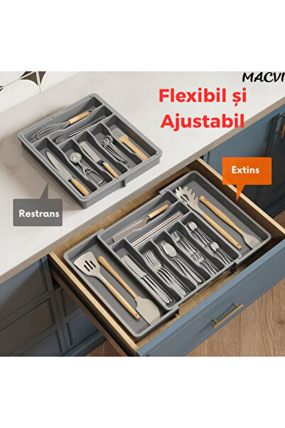MACVI Macvi® 8-compartment expandable organizer for cutlery and kitchen utensils, Gray