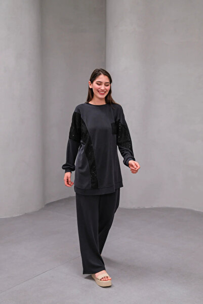 BZ BUTİK Knitted Cupra Fabric Patterned Double Set with Mesh Fabric Details