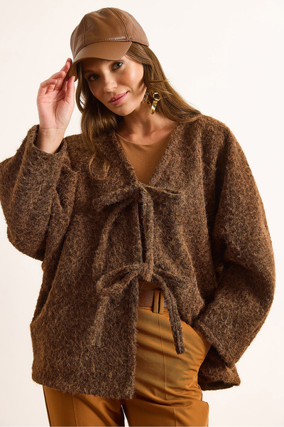 Olalook Women's Brown Lined Lace Detailed Gray Cashmere Jacket Ckt-19000460