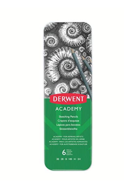 Derwent Set of 6 Academy Graphite 3B-2H pencils, high quality, metal box
