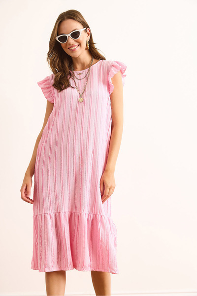 Olalook Women's Pink Sleeve Skirt Ruffle Textured Midi Dress Elb-19002364