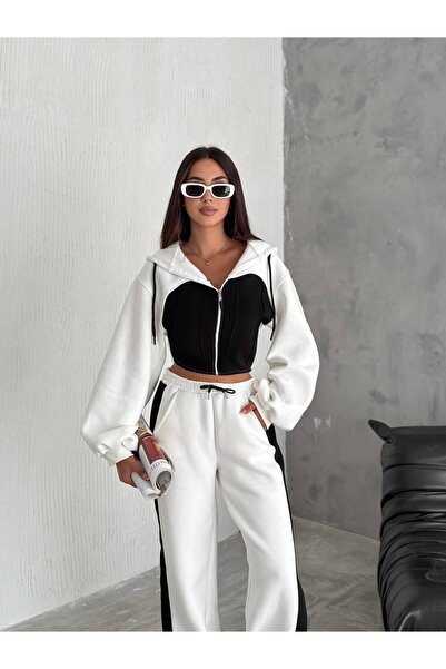 By Kuzey Aras Women's 2-Color Design Three-Thread Ribbed Fabric Loose Tracksuit Set
