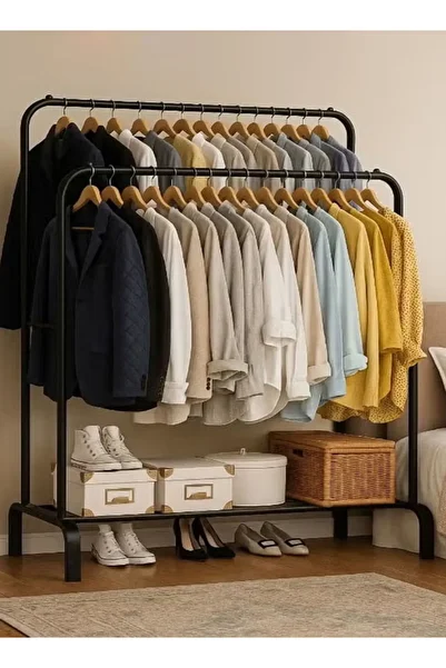 Cady One Metal Clothes Hanger Organizer and Black Clothes Rack with Wheels 110x55x150 cm
