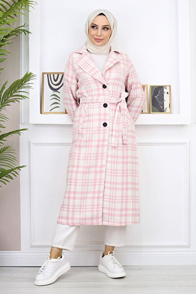 Missvalle Plaid Şanel Kaşe Coat Pink 19137