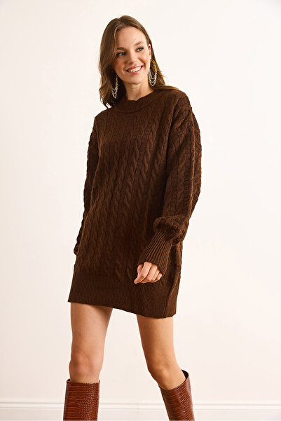 Olalook Women's Brown Tiny Hair Braided Knitwear Tunic Dress Elb-19002534