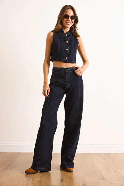 Olalook Women's Navy Blue Wide Leg Jeans with Self-Belt Detail Jea-19000124