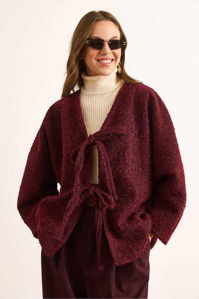 Olalook Women's Burgundy Lined Lace Detailed Gray Cashmere Jacket Ckt-19000460